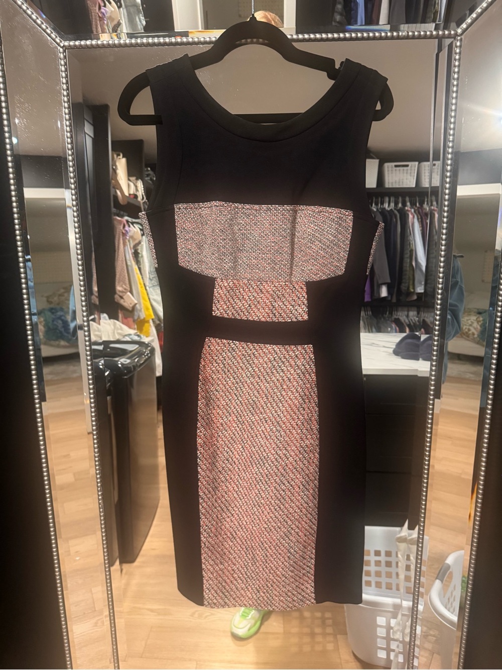Yoana Baraschi Black Sleeveless Midi Dress with Pink Tweed Panels